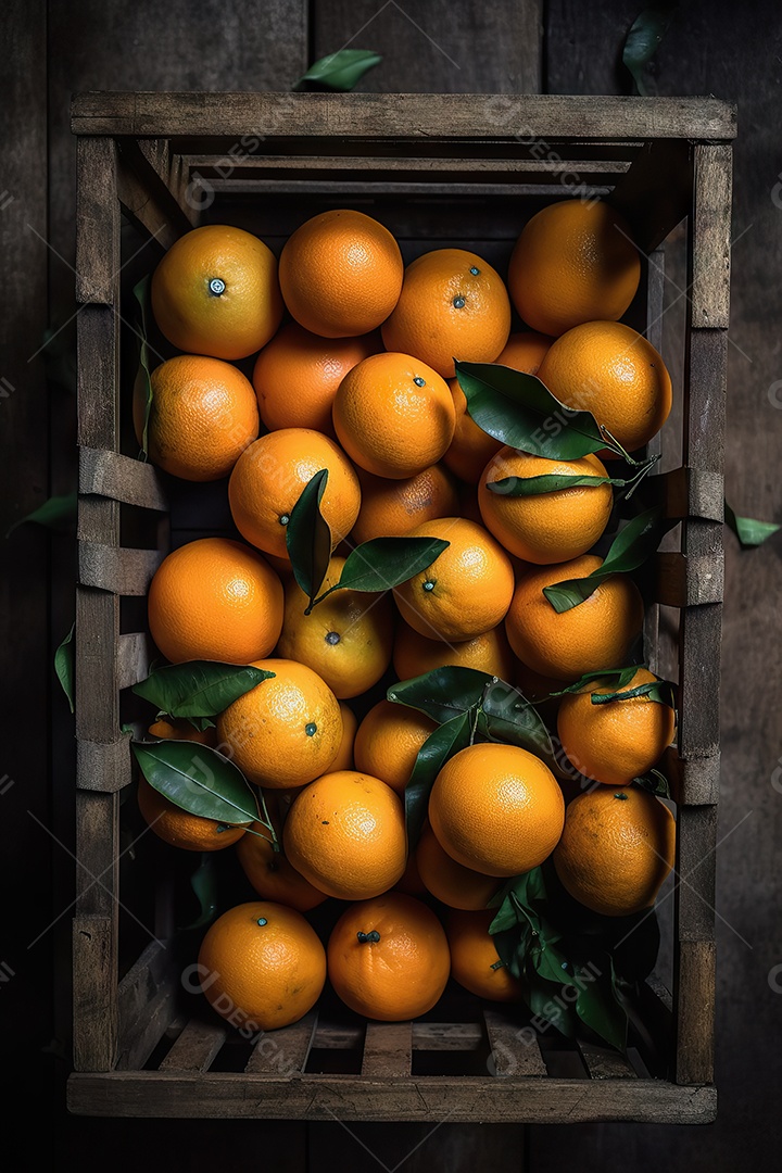Vista superior de laranjas em caixa de madeira