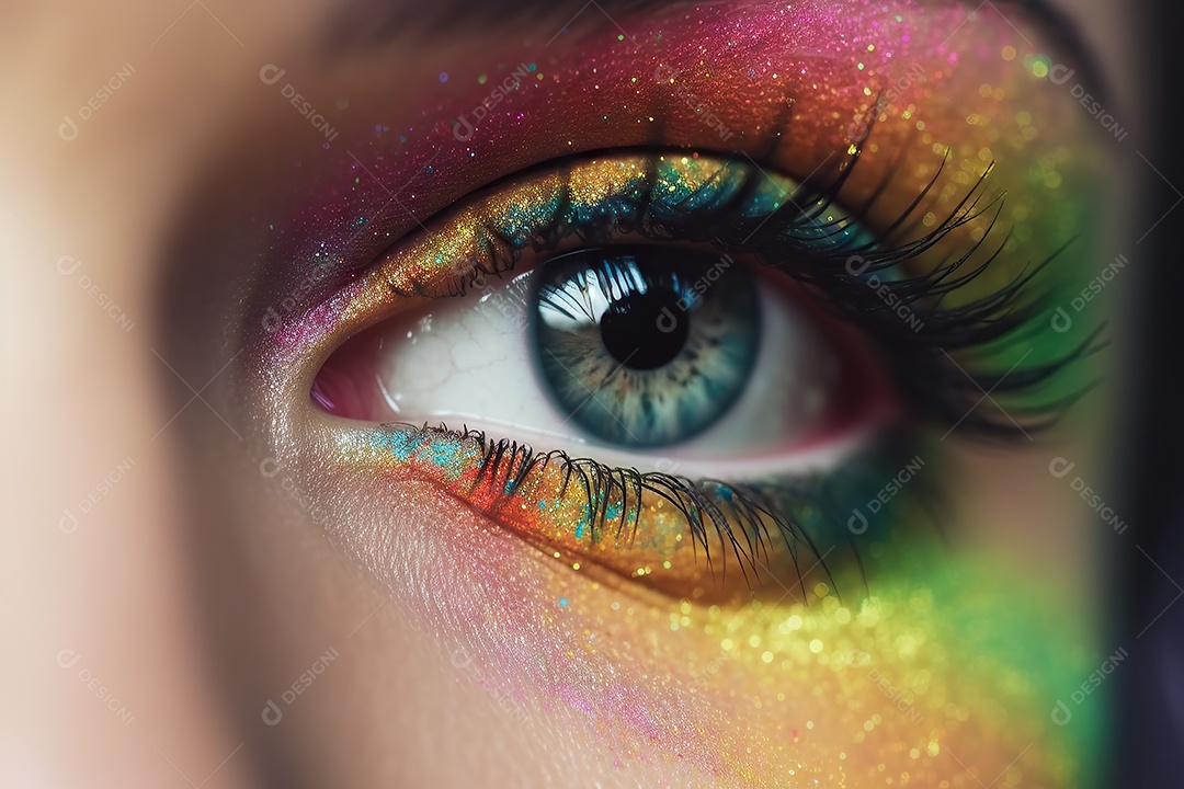 Olho lindo com maquiagem colorida e sombra