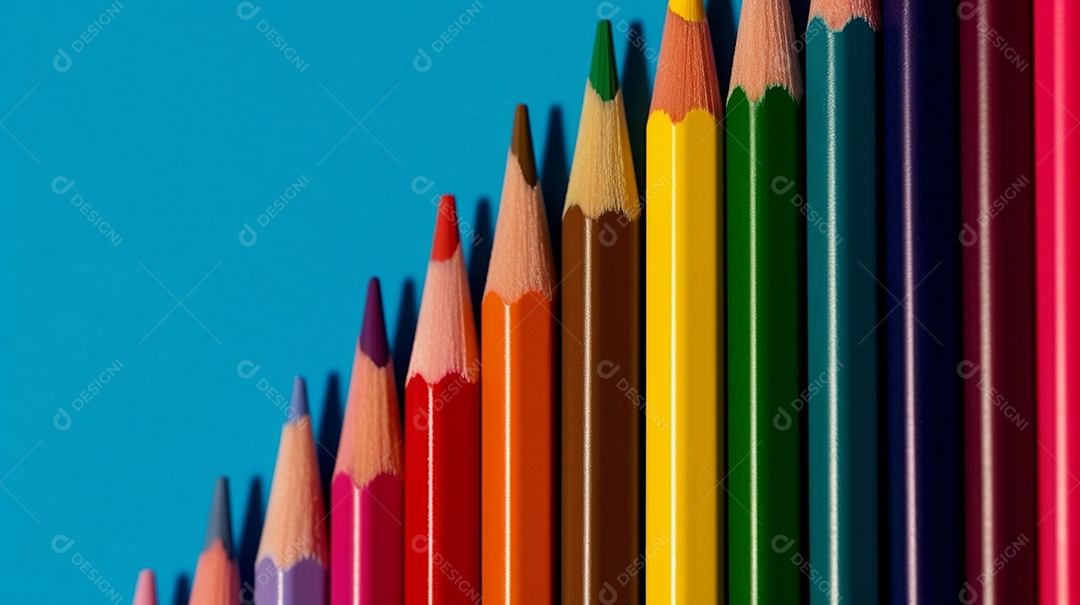 Vários lápis de cor sobre fundo branco.