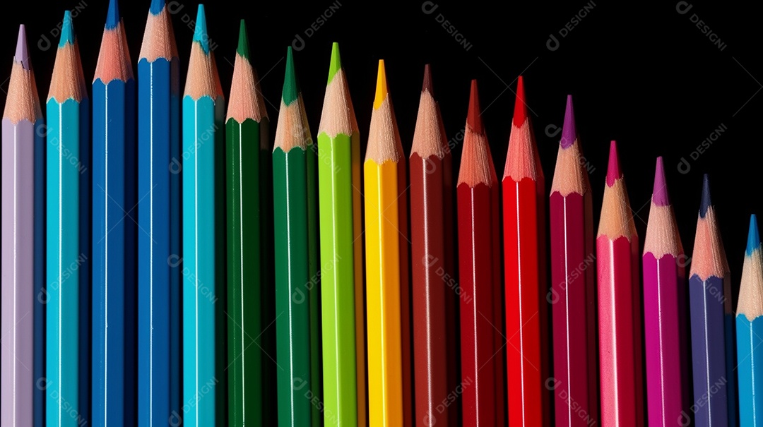 Vários lápis de cor sobre fundo branco.