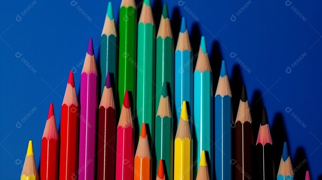 Vários lápis de cor sobre fundo azul