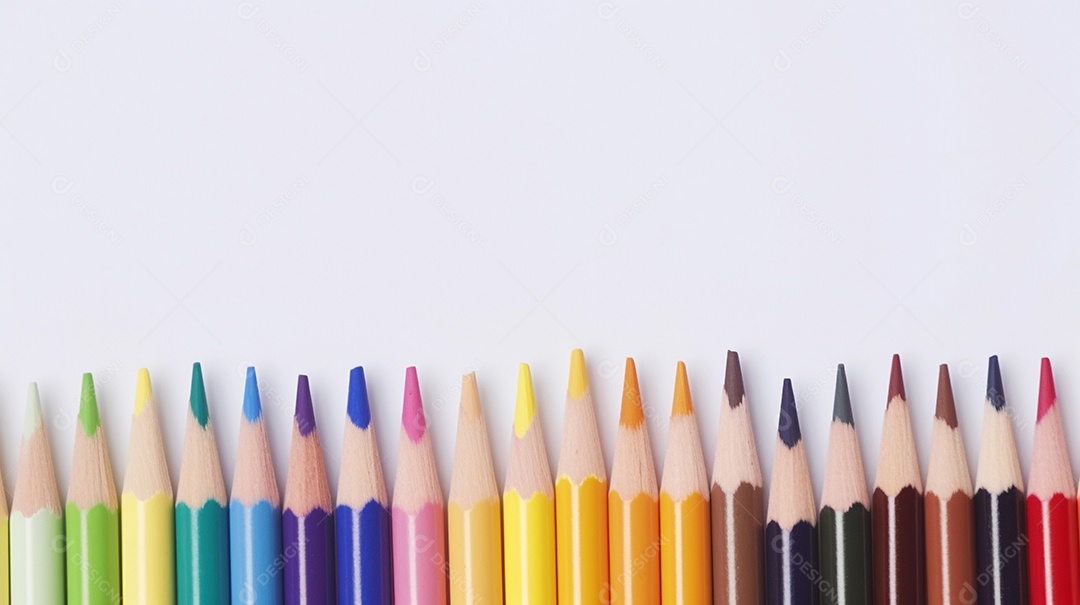 Vários lápis de cor sobre fundo branco.