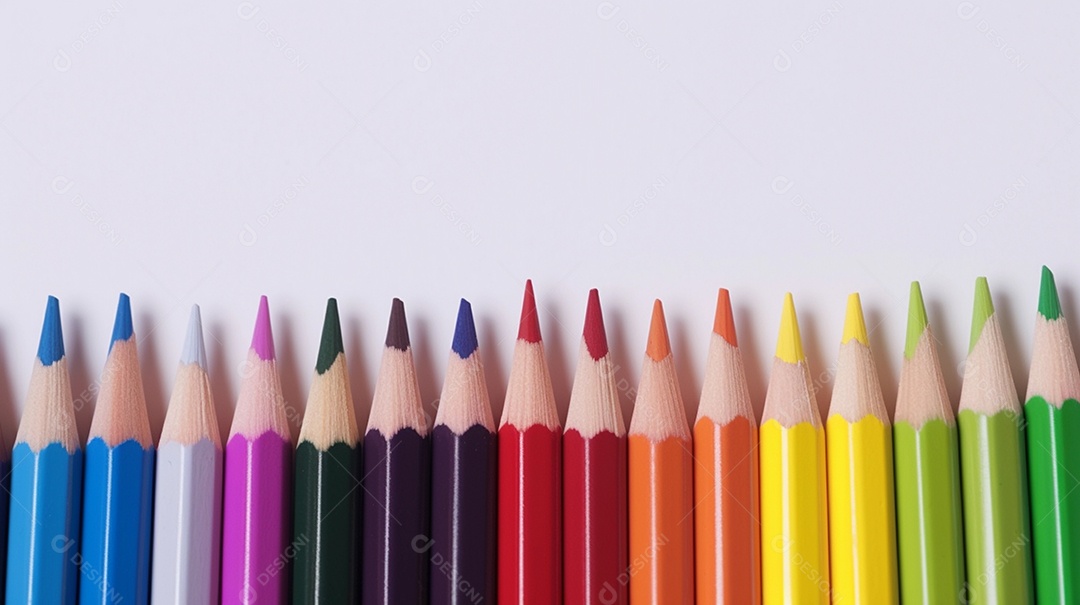 Vários lápis de cor sobre fundo branco.