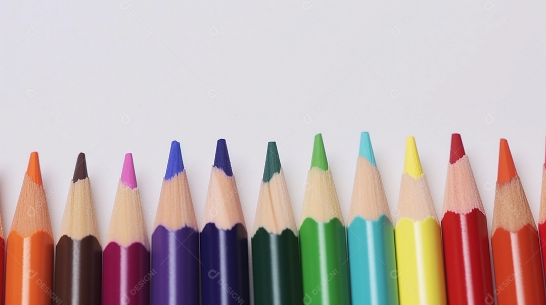Vários lápis de cor sobre fundo branco.