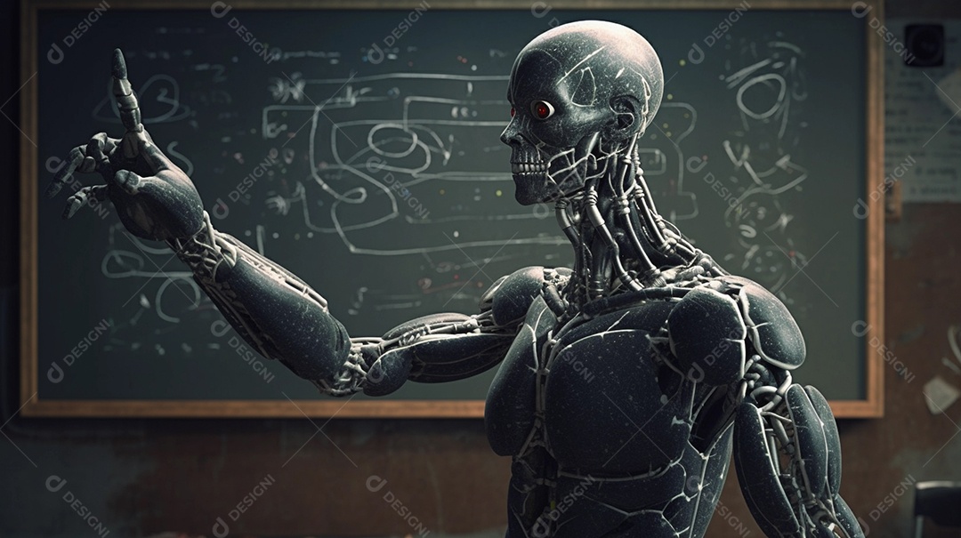 Inteligência artificial ou ensino de robôs, professor de robótica em sala de aula.