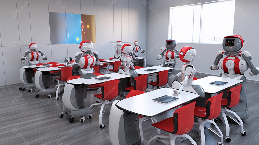 robôs na sala de aula aprendendo e estudando. conceito de inteligência artificial e exército de robôs.