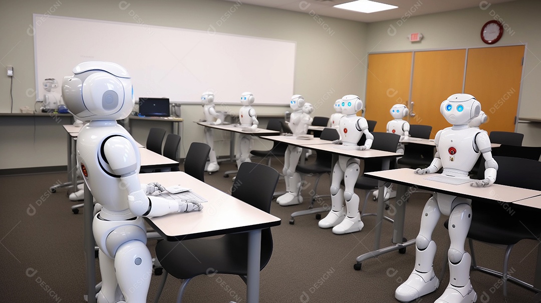 robôs na sala de aula aprendendo e estudando. conceito de inteligência artificial e exército de robôs.