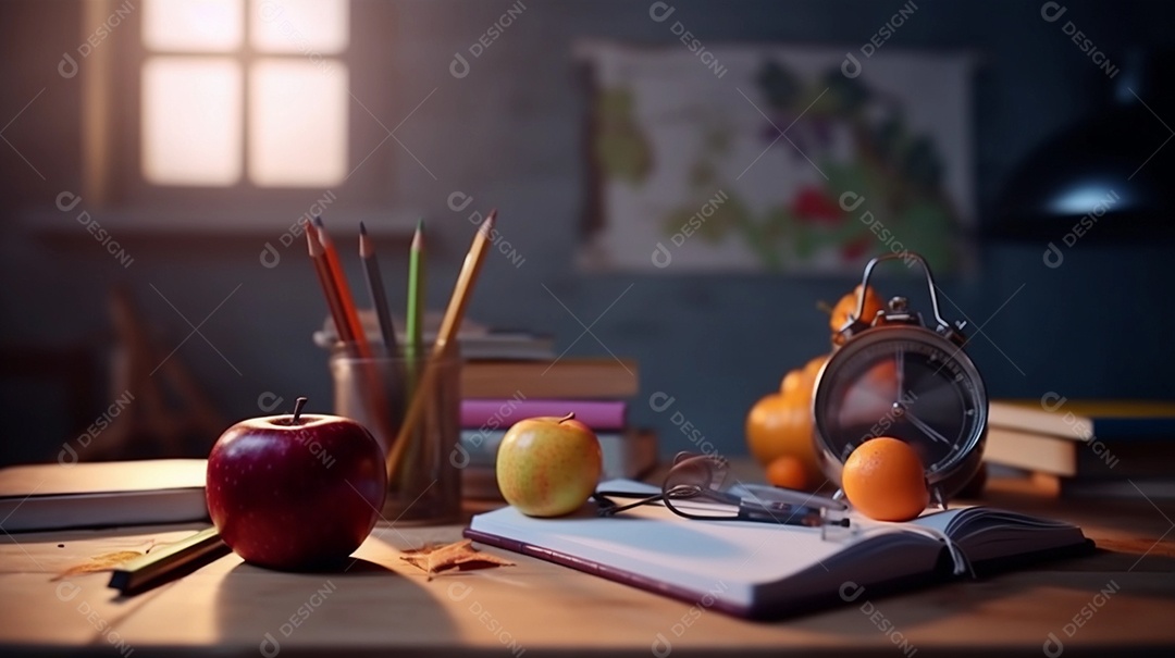 ilustração dos desenhos animados de uma escola, livros e carteiras.