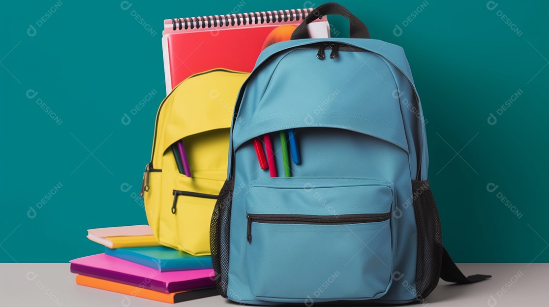 Mochila sobre a mesa, com material escolar saindo dela. escola, estudo ou conceito de dia do professor.
