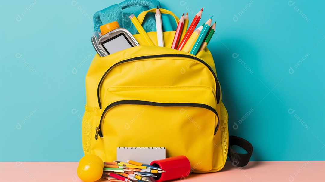 Mochila sobre a mesa, com material escolar saindo dela. escola, estudo ou conceito de dia do professor.