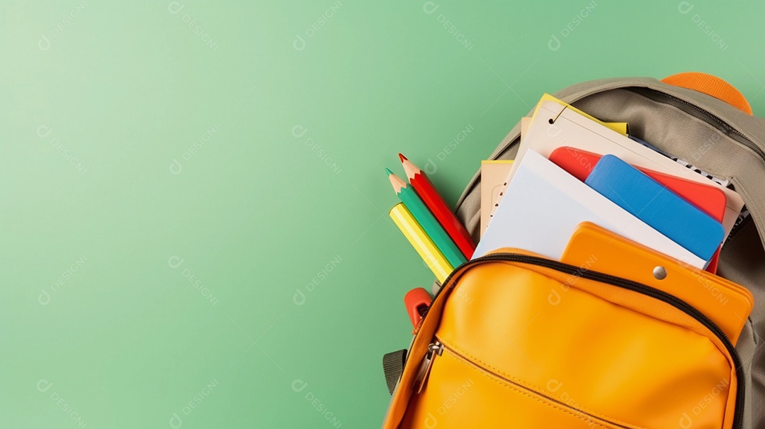 Mochila sobre a mesa, com material escolar saindo dela. escola, estudo ou conceito de dia do professor.