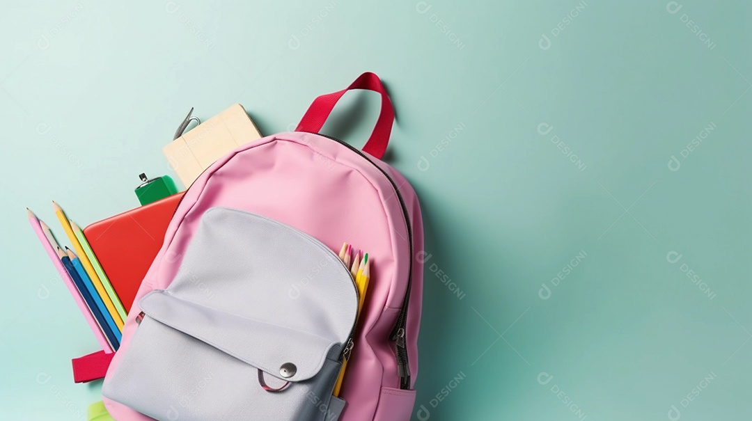 Mochila sobre a mesa, com material escolar saindo dela. escola, estudo ou conceito de dia do professor.