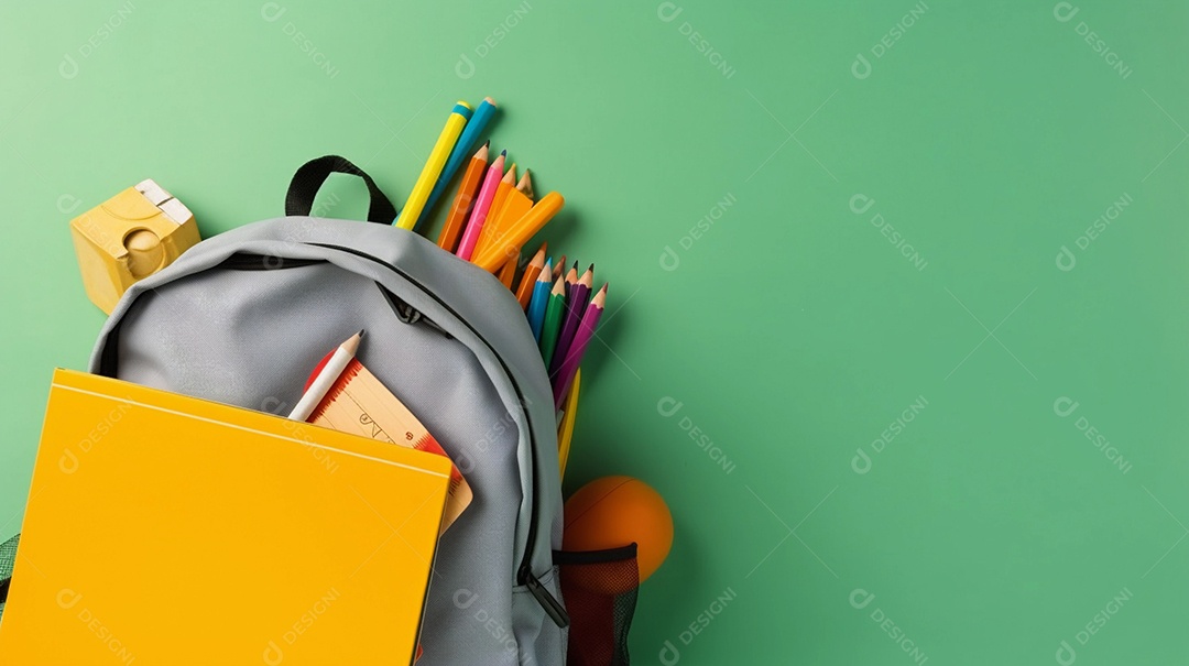 Mochila sobre a mesa, com material escolar saindo dela. escola, estudo ou conceito de dia do professor.