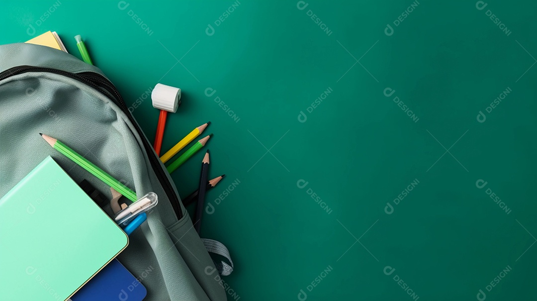 Mochila sobre a mesa, com material escolar saindo dela. escola, estudo ou conceito de dia do professor.