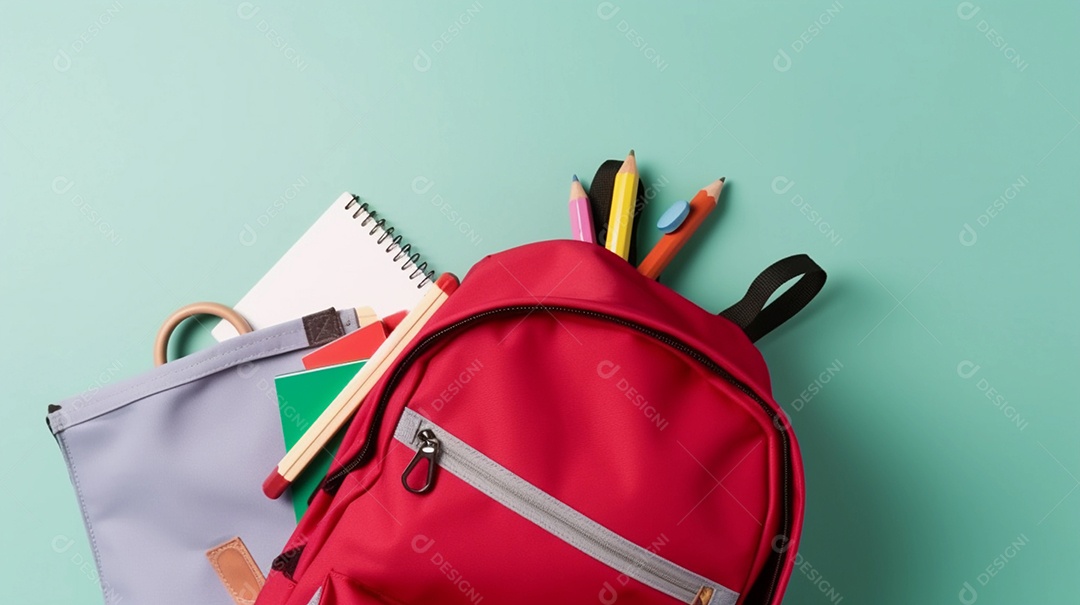 Mochila sobre a mesa, com material escolar saindo dela. escola, estudo ou conceito de dia do professor.