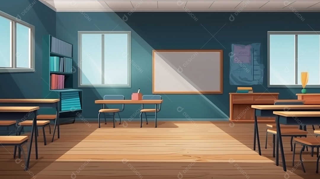 Ilustração dos desenhos animados de uma escola, livros e carteiras.