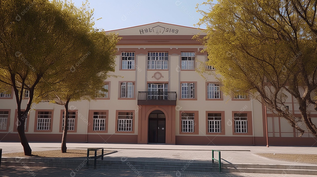 Ilustração dos desenhos animados de uma escola, livros e carteiras.