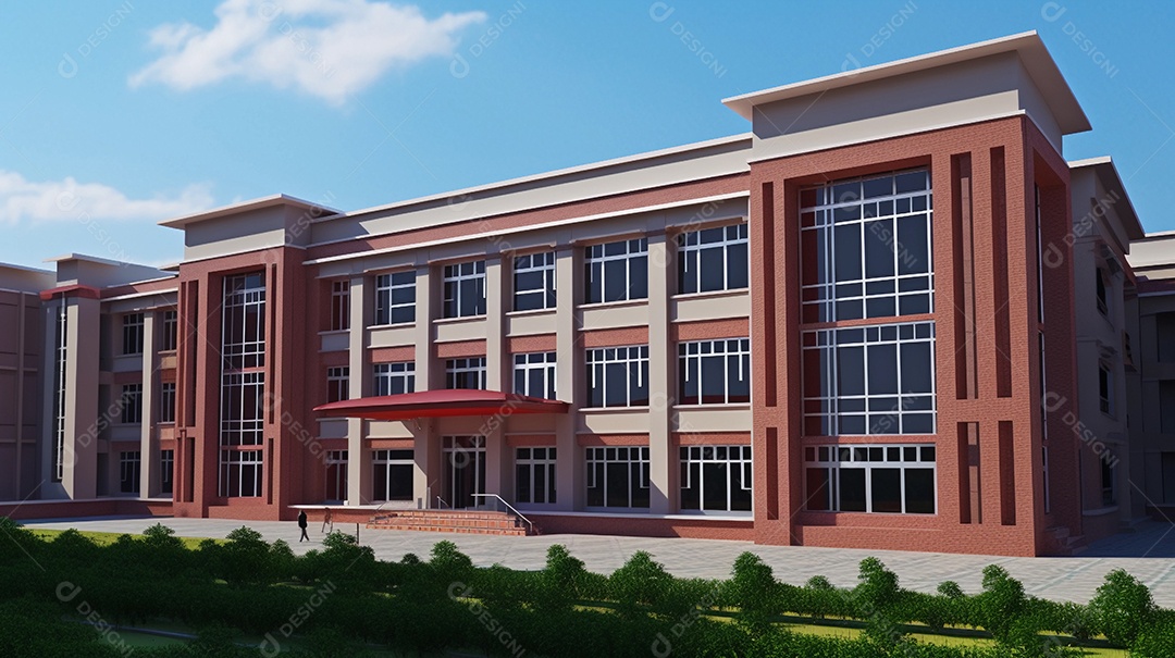 Ilustração dos desenhos animados de uma escola, livros e carteiras.