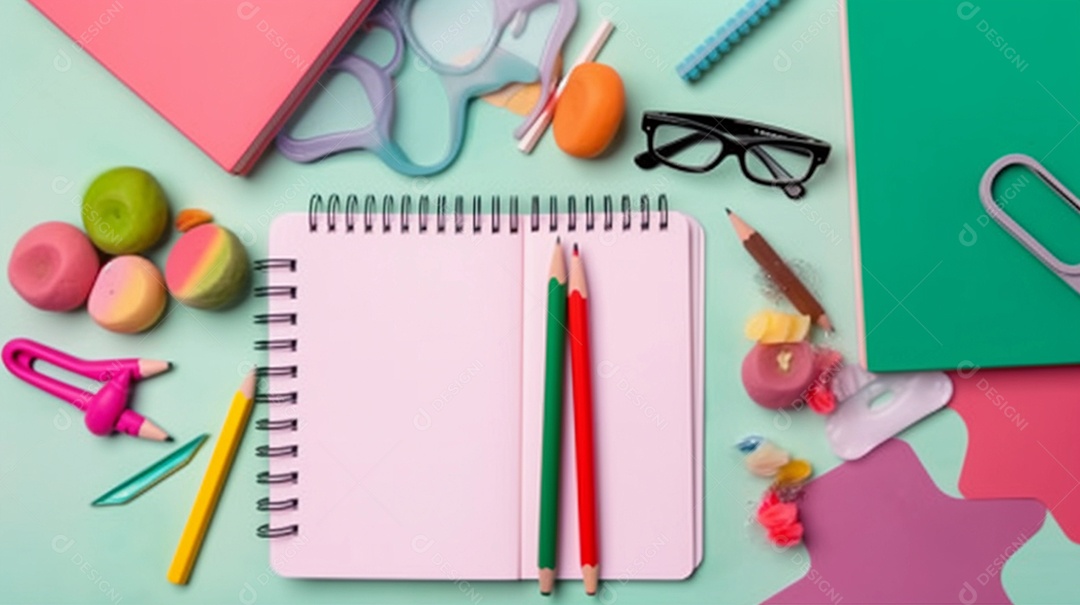 Vista plana leiga de material escolar como caderno, borracha, caneta, notas e muito mais. dia do professor ou de volta ao conceito de escola.