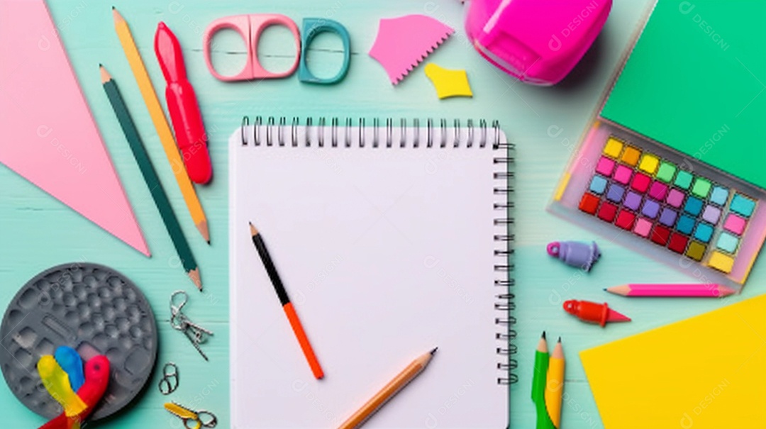 Vista plana leiga de material escolar como caderno, borracha, caneta, notas e muito mais. dia do professor ou de volta ao conceito de escola.