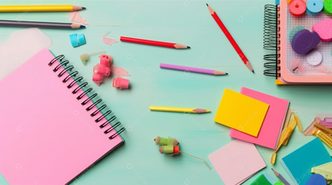 Vista plana leiga de material escolar como caderno, borracha, caneta, notas e muito mais. dia do professor ou de volta ao conceito de escola.