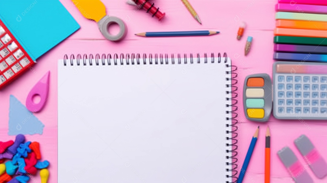 vista plana leiga de material escolar como caderno, borracha, caneta, notas e muito mais.