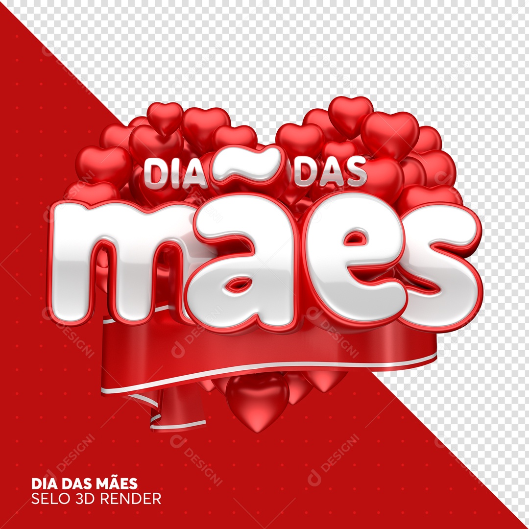 Selo 3D Dia Das Mães Corações Vermelhos PSD Editável