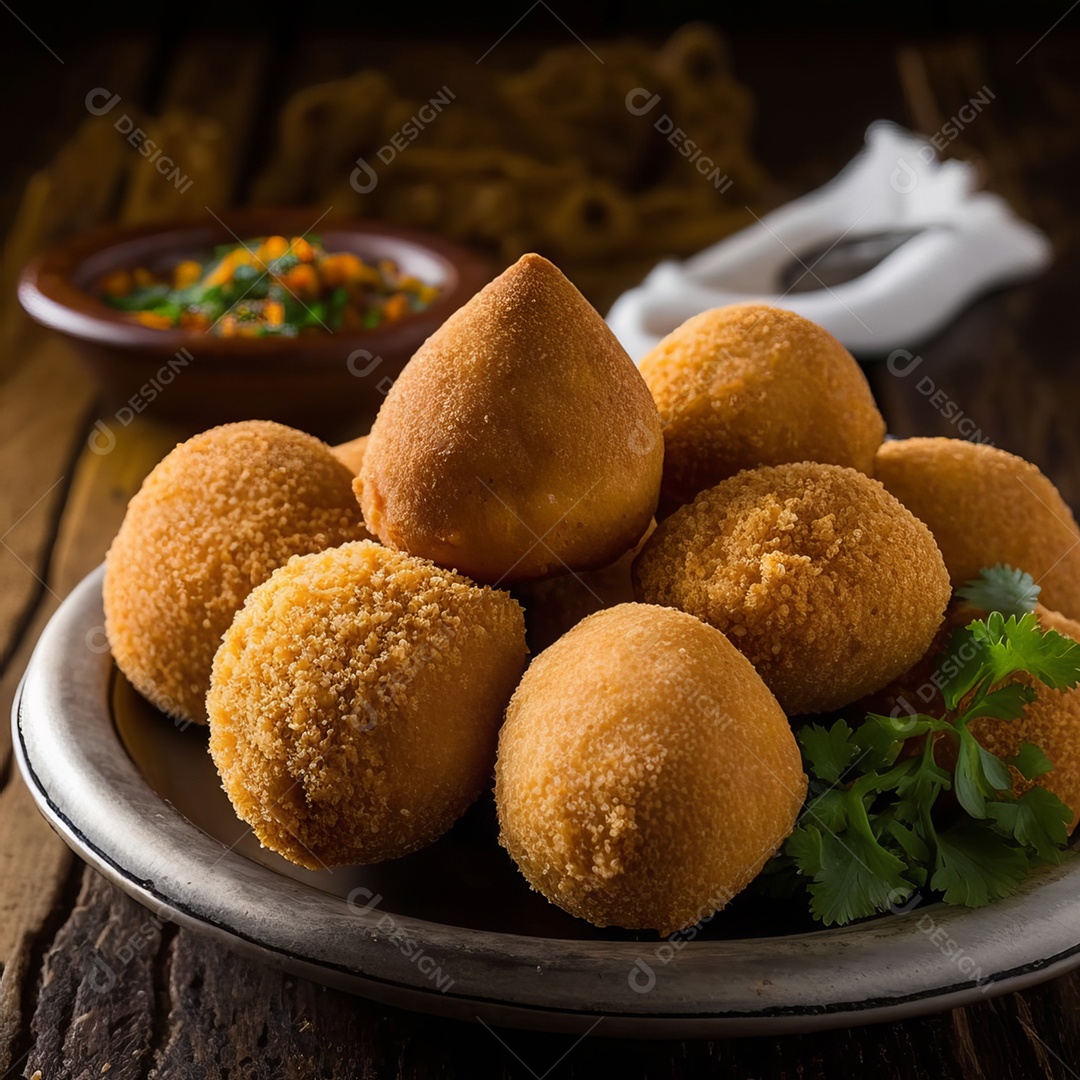 Imagem realista de coxinhas fritas deliciosas.