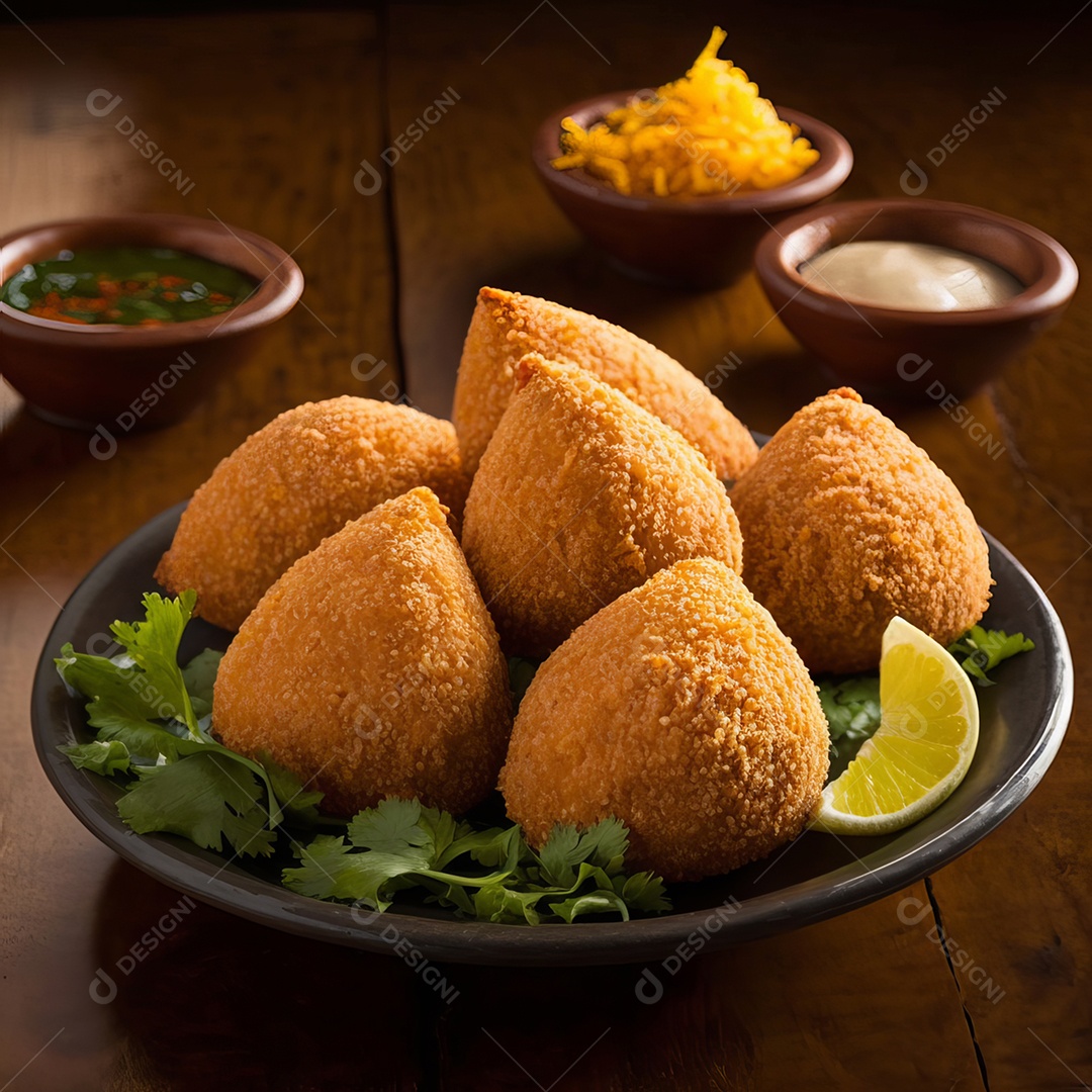 Imagem realista de coxinhas fritas deliciosas.