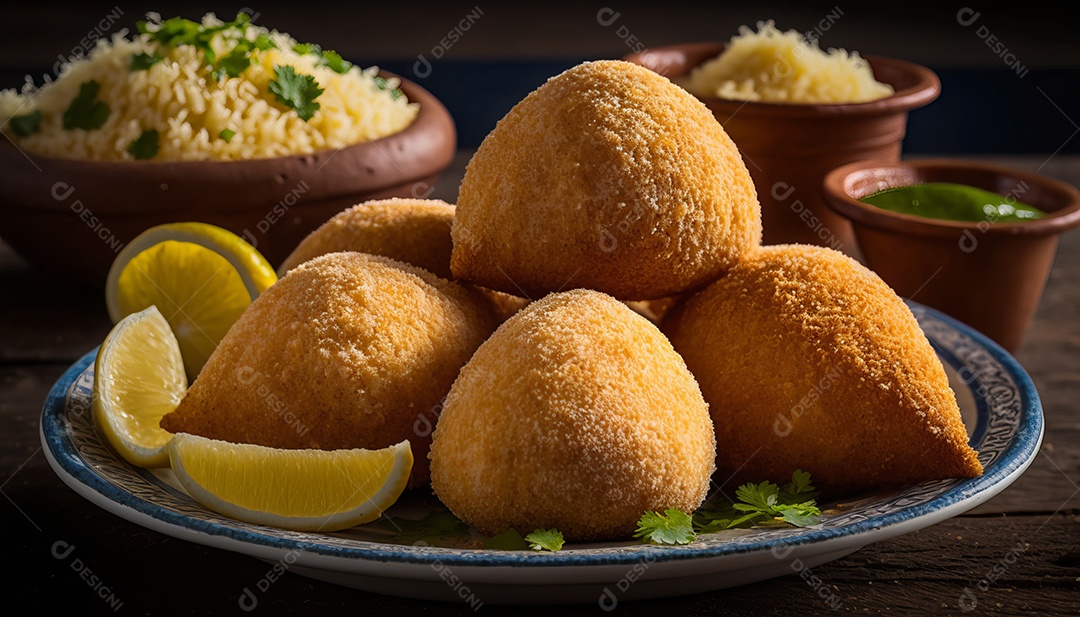 Imagem realista de coxinhas fritas deliciosas.