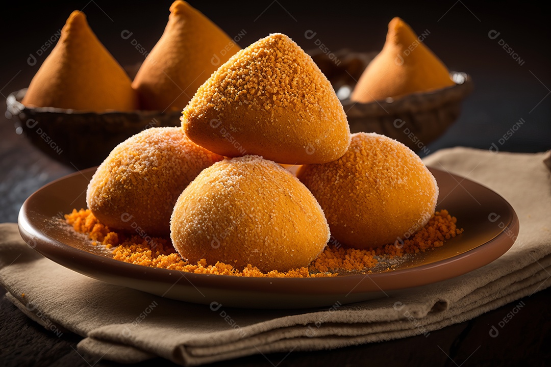 Imagem realista de coxinhas fritas deliciosas.