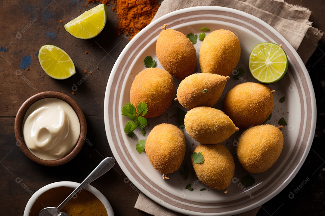 Imagem realista de coxinhas fritas deliciosas.