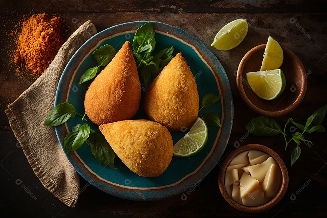 Imagem realista de coxinhas fritas deliciosas.