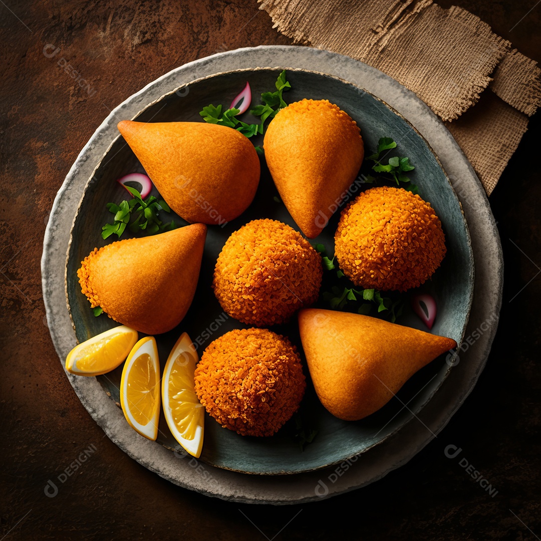 Imagem realista de coxinhas fritas deliciosas.