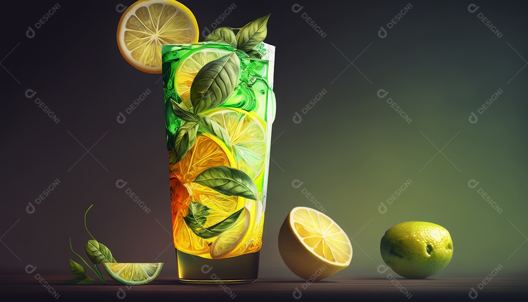 Imagem realista de copo de bebida sobre fundo isolado.