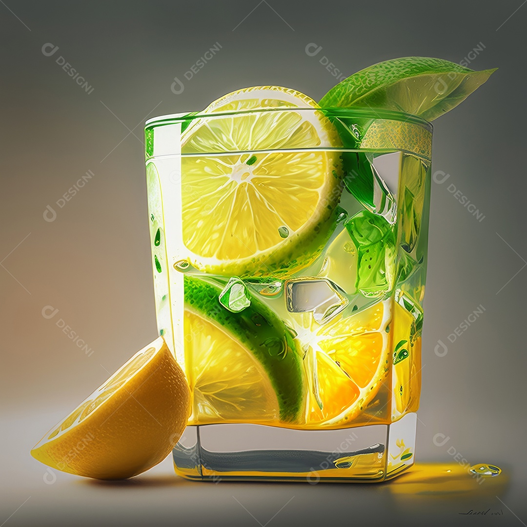 Imagem realista de copo de bebida sobre fundo isolado.