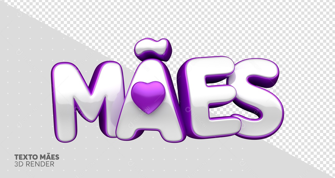 Texto 3D Mães Branco E Roxo Coração Para Composição PSD