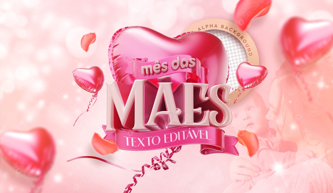 Selo 3D Mês Das Mães Texto Editável Corações Rosa PSD Editável