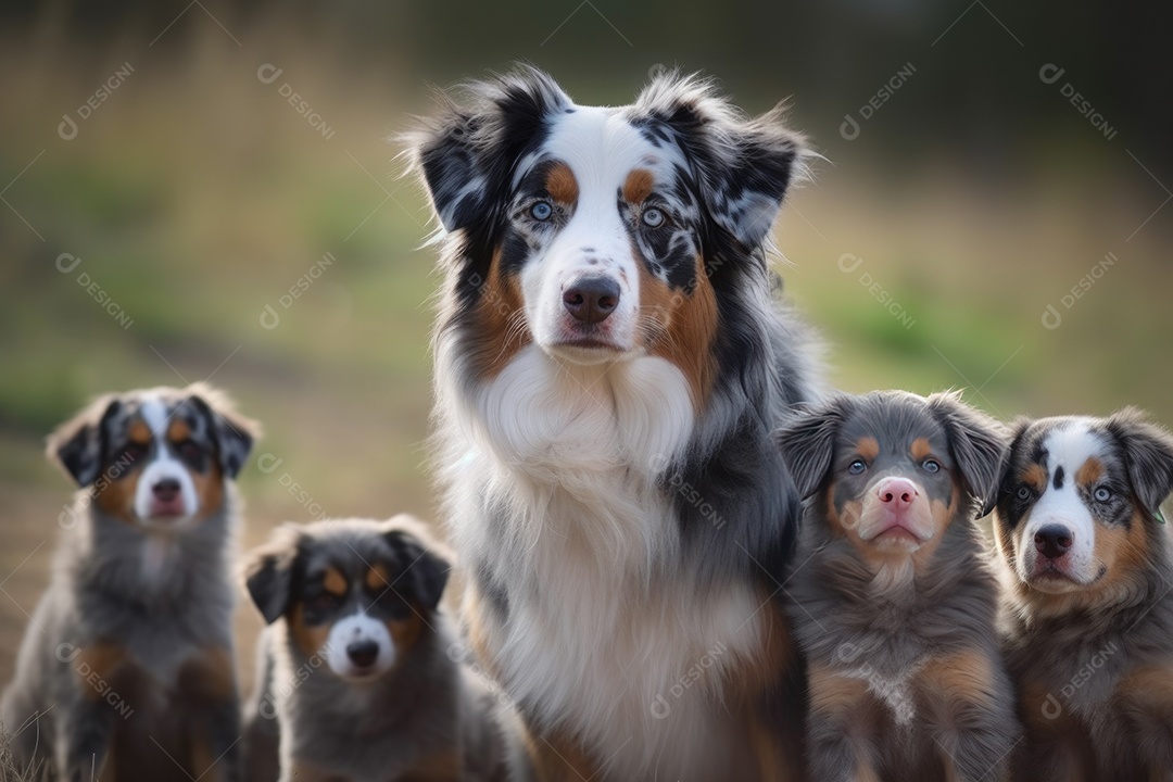 Cadela da raça pastor australiano com seus filhotes olhando para a câmera