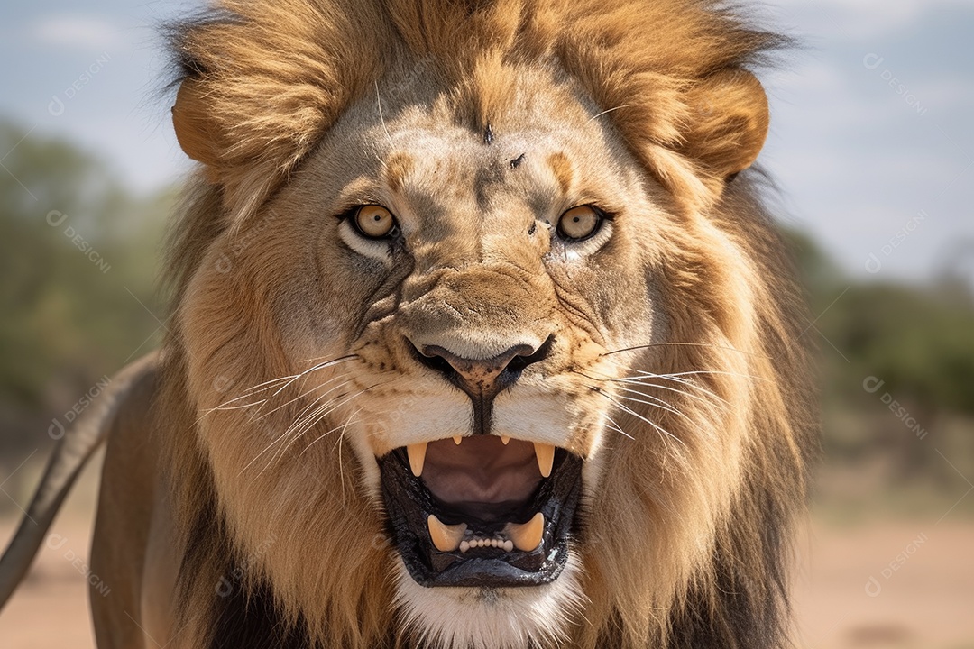 Lindo leão sob um lindo fundo de uma selva