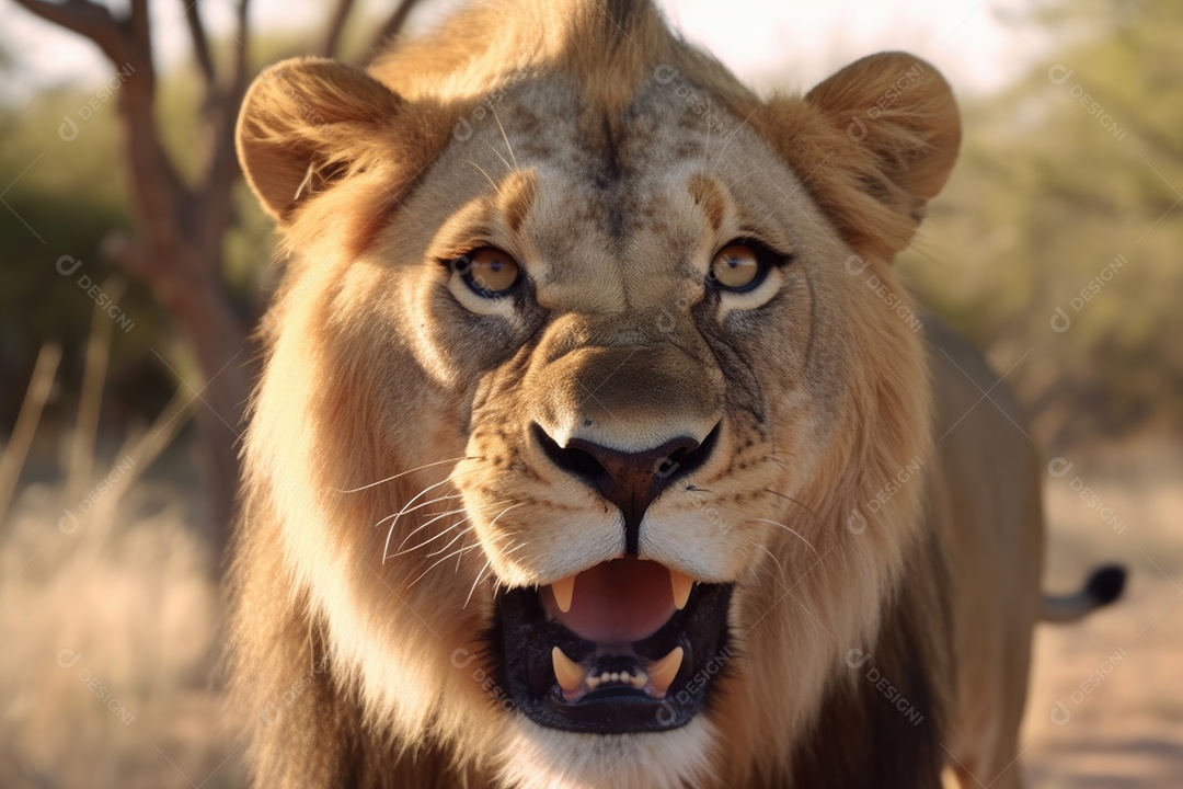 Lindo leão sob um lindo fundo de uma selva