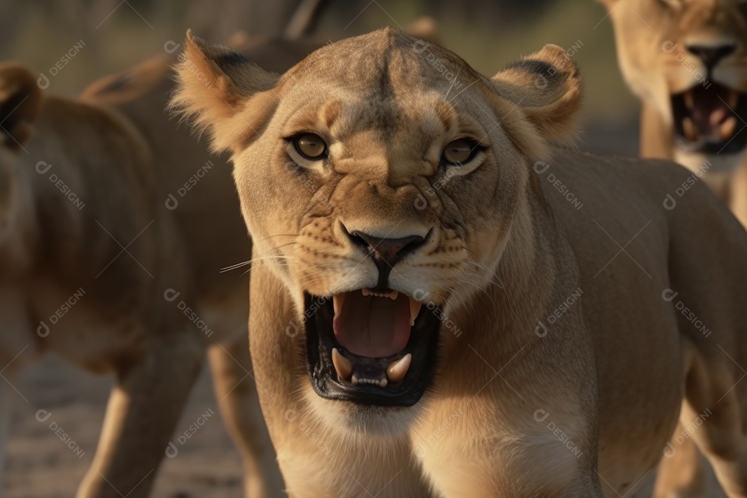 Leoa furiosa com orelhas para trás e dentes à mostra olhando para a câmera