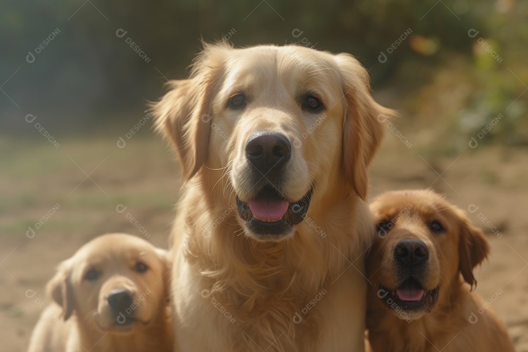 Mãe cadela golden retriever com seus filhotes olhando para a câmera