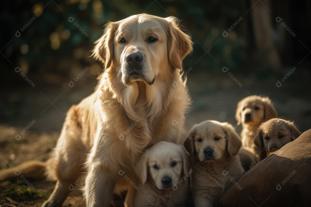 Mãe cadela golden retriever com seus filhotes olhando para a câmera