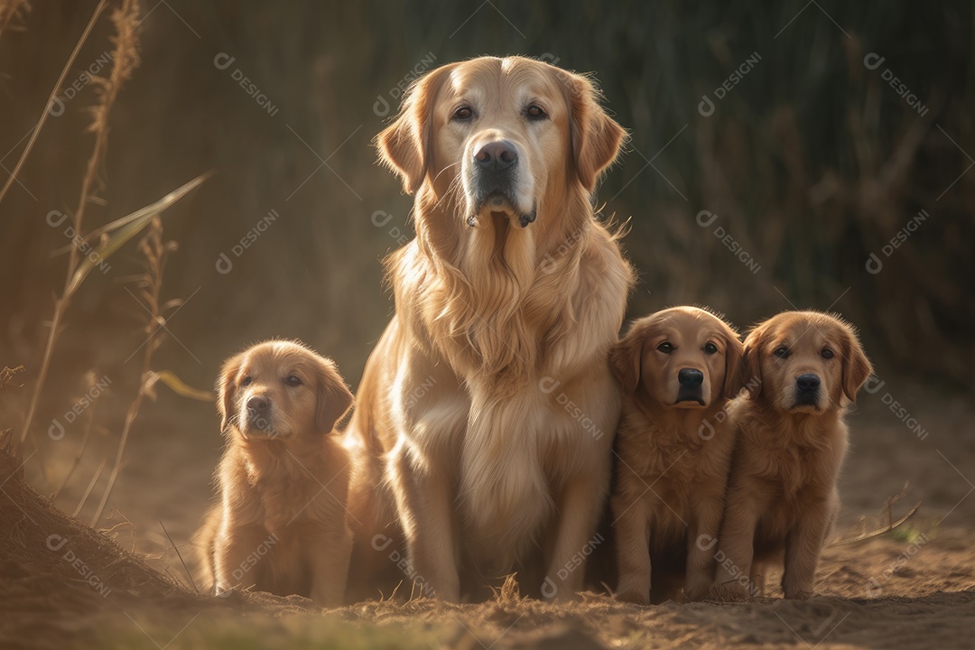 Mãe cadela golden retriever com seus filhotes olhando para a câmera