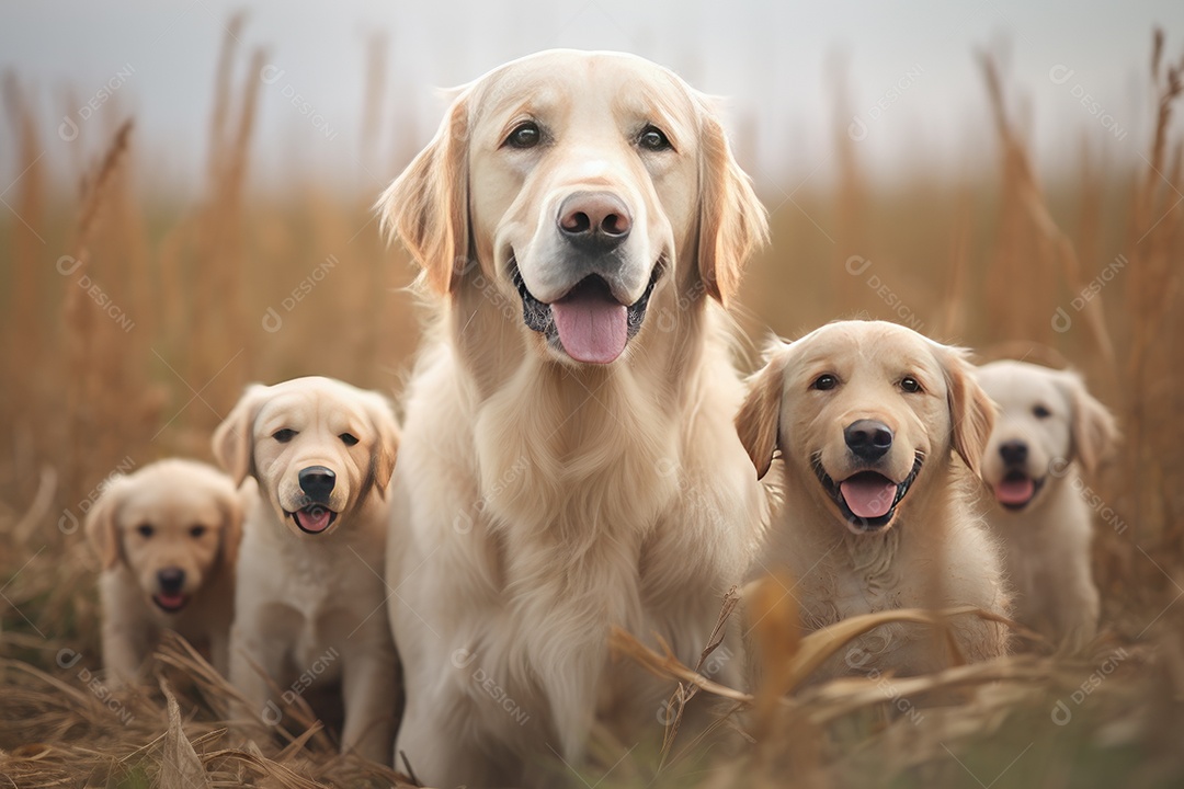 Mãe cadela golden retriever com seus filhotes olhando para a câmera