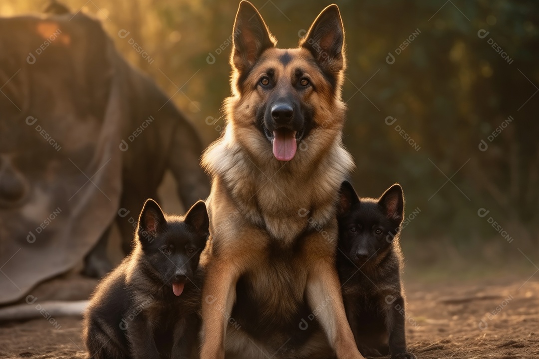 Cadela da raça pastor alemão com seus filhotes olhando para a câmera