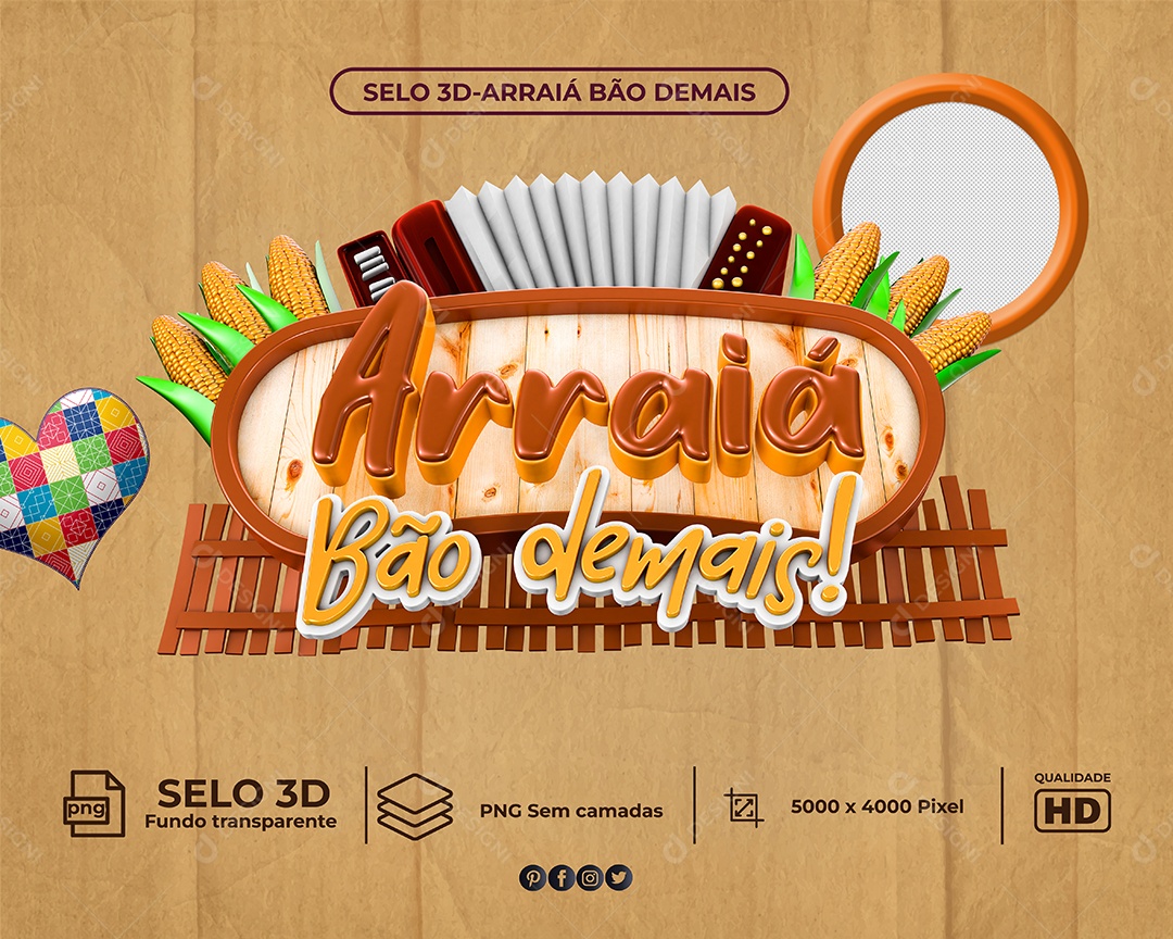 Selo 3D Para Composição Arraiá Bão Demais! PNG Transparente