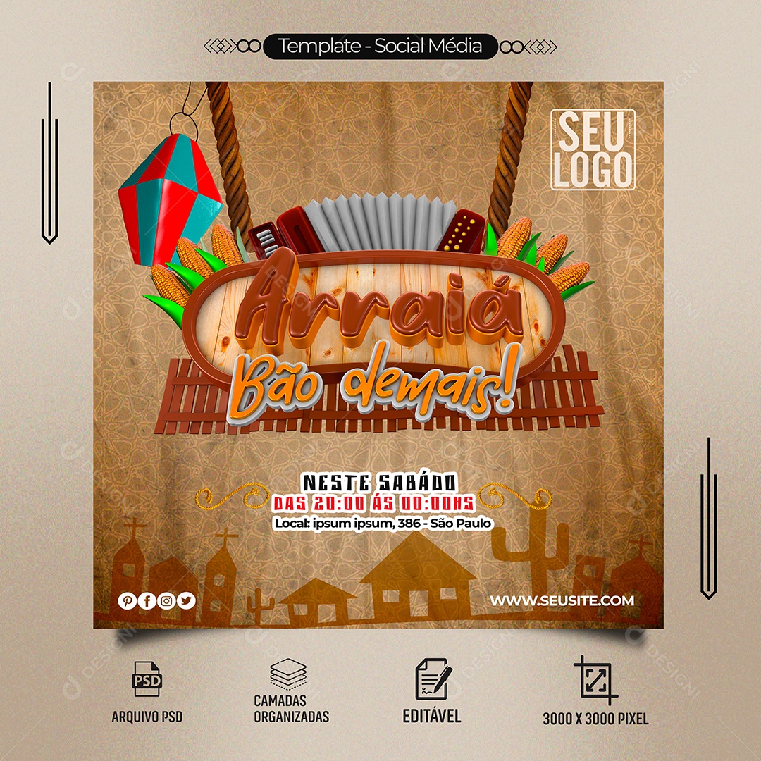 Arraiá Bão de Mais Social Media PSD Editável