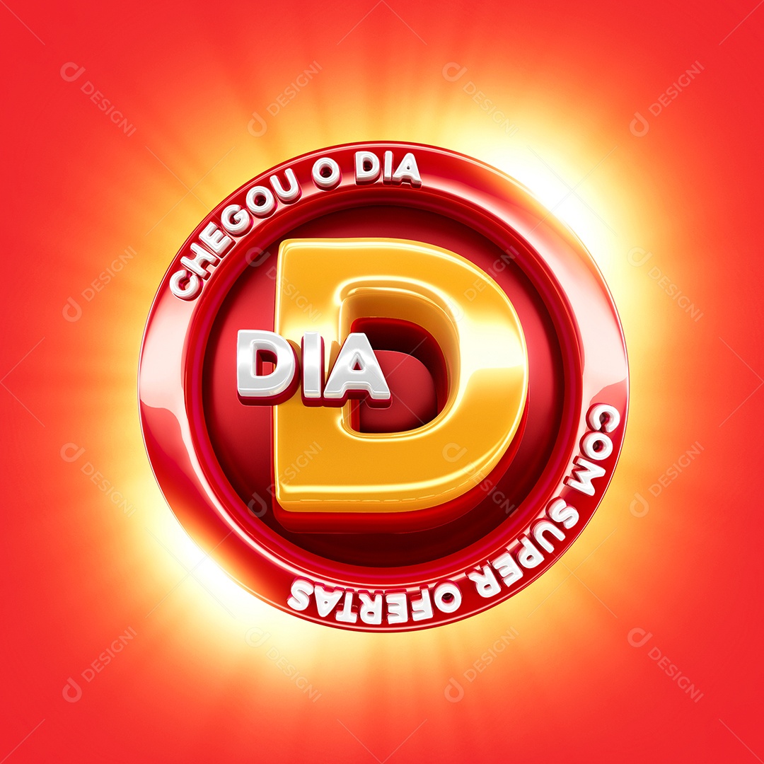 Selo 3D Chegou O Dia D Com Super Oferta Vermelho E Dourado  PSD Editável